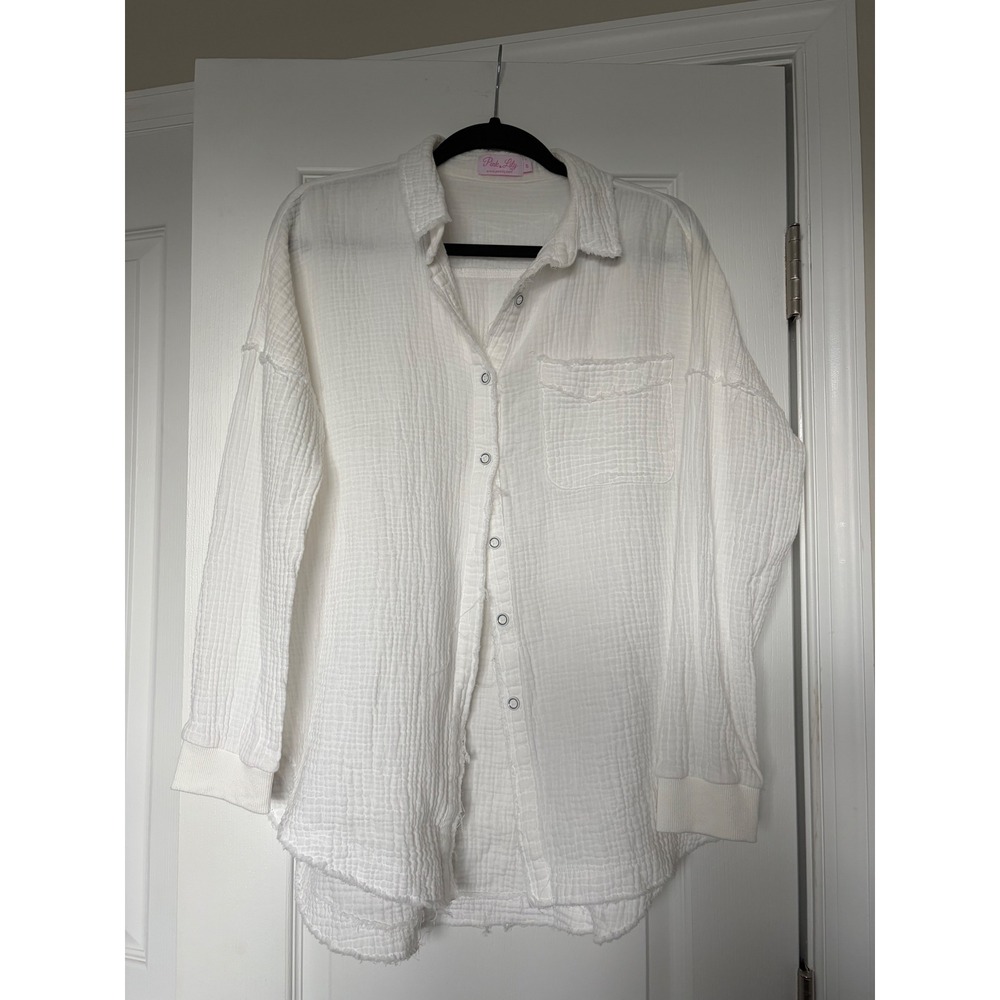 Pink Lily White Cotton Gauze Button Down Shirt Raw Edge Oversized Small